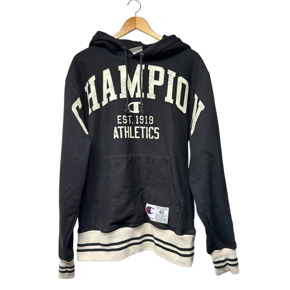 Champion Reverse Weave Hoodie Mens Medium Black Athletics Graphic Spellout Logo